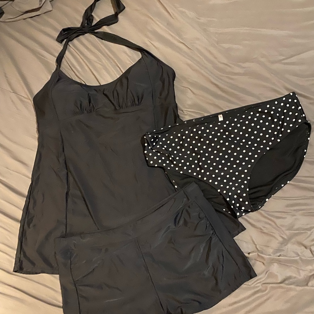 Bathing suit/boy short/polka dot bikini bottoms w/sheer knee length cover up